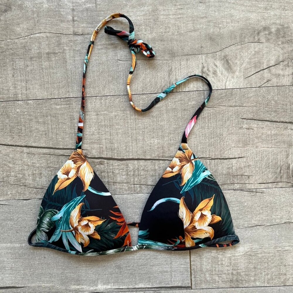 H&M Black Tropical Floral Triangle Scuba String Bikini Resortwear Beach Swim Top